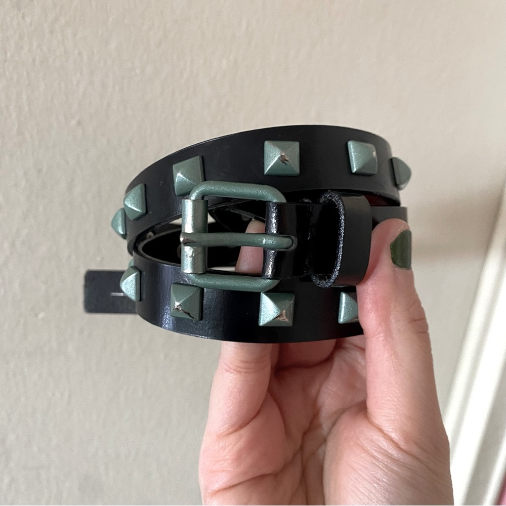 MaxMara Weekend Black Thin Leather Belt with Mint Green/Blue Distressed Studs